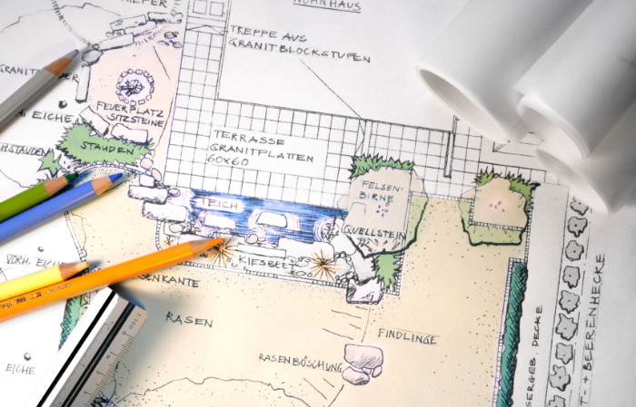 Handgezeichneter Gartenplan mit Rasen, Beeten, Terrasse und Wegen